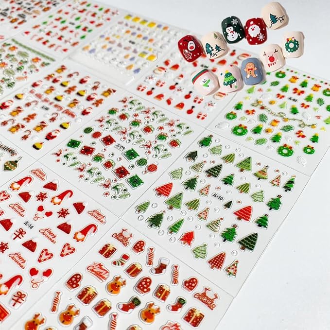 30PCS Christmas Nail Art Stickers Decals 3D Self-Adhesive Xmas Nail Decals Nail Art Supplies Xmas Tree Santa Claus Elk Cartoon Christmas Nails Design Adhesive Stickers for Women DIY Nail Decorations