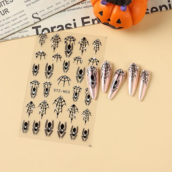 4 Sheets Halloween Nail Stickers for Nail Art, Spider Nail Decals Self Adhesive Black Nail Art Stickers Spider Web Nail Decorations with Rhinestone Halloween Manicure Supplies for Women and Girls