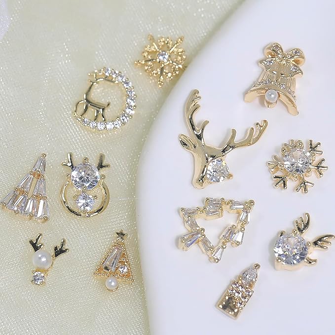 HNUIX Gold Nail Charms - Multi Shape, Zircon Jewelry, Christmas, Gems Rhinestones Charms, Metal Base, for Nail Art