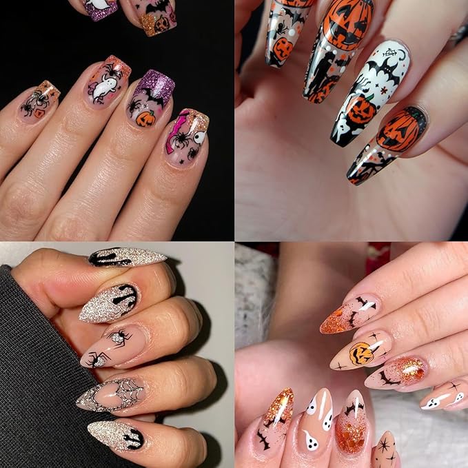 6 Sheets Cute Halloween Nail Art Stickers Evil Pumpkin Ghost Nail Stickers 3D Self-Adhesive Goth Skeleton Spider Web Bat Nail Decals Gothic Halloween Nail Decorations for Acrylic Nail Supplies