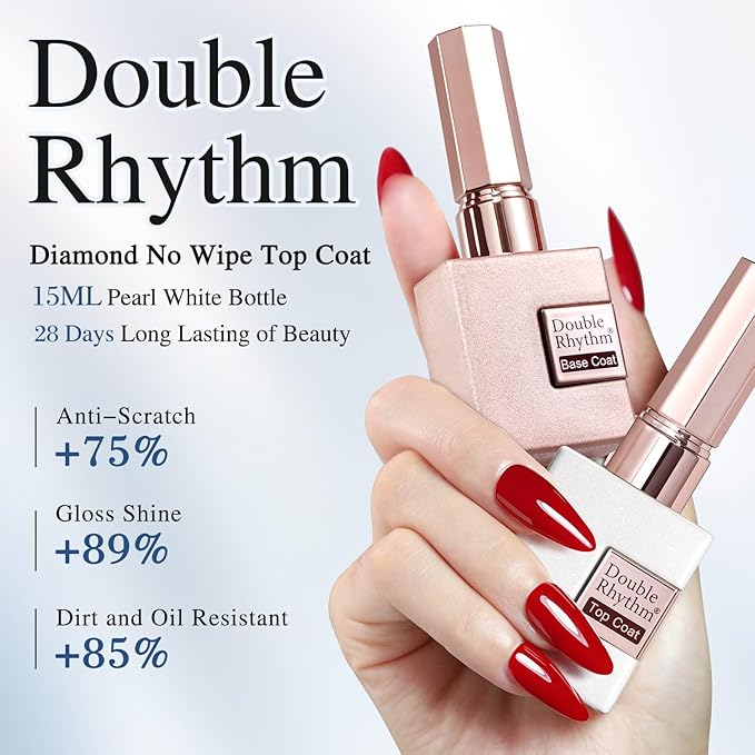 Double Rhythm 2 Pcs 15ML No Wipe Gel Top Coat and Base Coat Set Clear Glossy Gel Polish Kit Soak Off LED (Base and Top Coat)