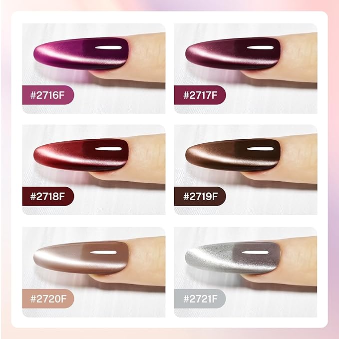JODSONE Cat Eye Gel Nail Polish Set Purple Red Sliver Collection 6 Colors for Holographic Glitter Cat Eye with Magnet at Home DIY Design Gift for Girls