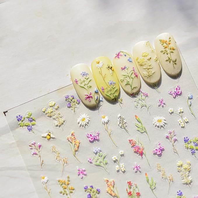 Spring Nail Art Stickers Decals 5D Self Adhesive Colorful Flower Nail Stickers for Nail Art Cute Floral Nail Decals Spring Summer Nail Supplies for Women Girls