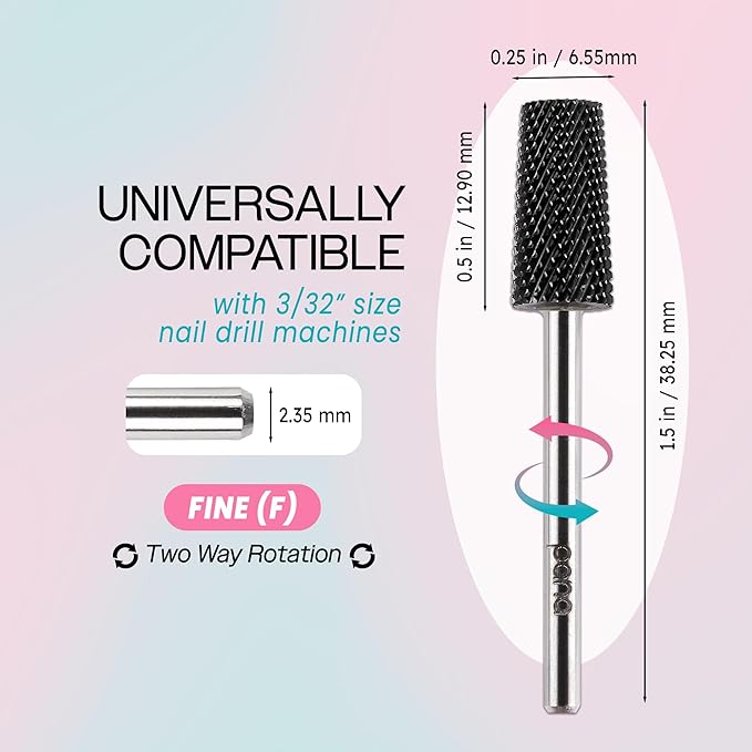 PANA Tapered Barrel Carbide 3/32" Shank Size - (Black, Fine Grit) - Fast remove Acrylic or Hard Gel Nail Drill Bit for Manicure Pedicure Salon Professional or Beginner