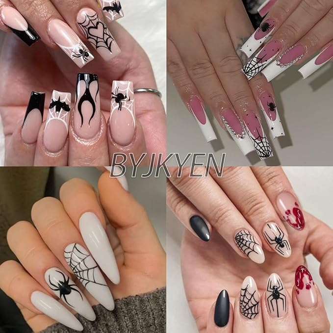 Spider Web & Snake Nail Art Stickers - Halloween Decals, Black & White, Gold & Silver, Self-Adhesive, 8Pcs