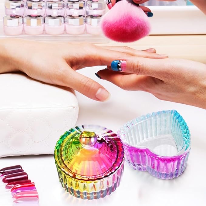 Dappen Dish Vibrant Color Round/Heart Shaped Dishes Set of 2 Glass Dish Bowls with Lids Nail Art Storage for Liquids Nail Tech must Haves