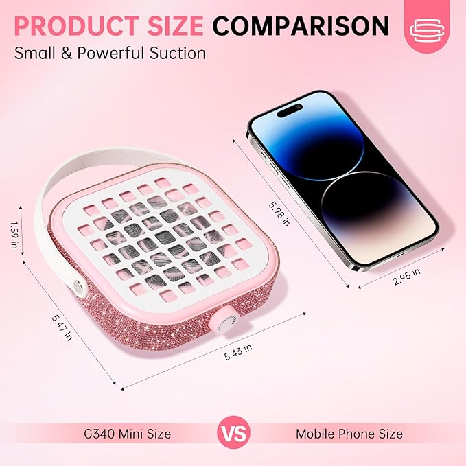 Nail Dust Collector, Bling Crystal Diamond Compact 6000RPM Powerful Vacuum Fan Vent Dust Collector Extractor Dust Suction Machine for Acrylic Nails Polishing, Fast Charging