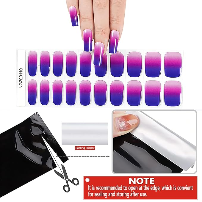 WOKOTO 20 Pcs Gradient Purple Semi Cured Gel Nail Strips With Nail File & Wooden Stick, Semi Cured Gel Nail Wraps Stickers, UV Light Gel Nail Polish Strips Stick On Real Nail Polish Stickers Kit
