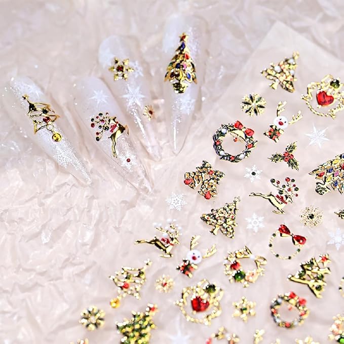 Christmas 5D Embossed Nail Art Stickers Gold Xmas Trees Nail Decals Self Adhesive Snowflake Bell Reindeer Snowman Nail Stickers Xmas Holiday Gift Nail Design Stickers Elk Nail Art Supplies for Women