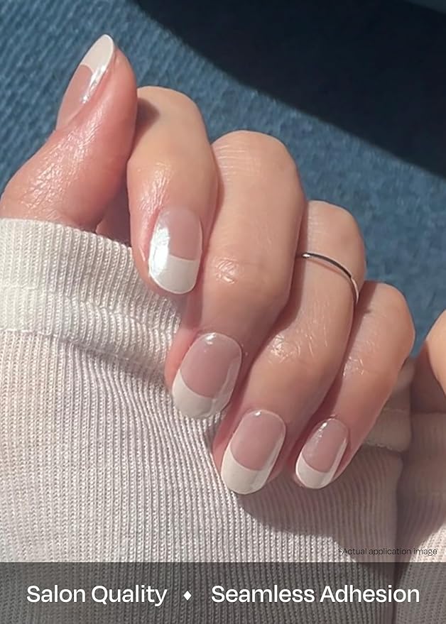 ohora Semi Cured Gel Nail Strips (N Glow French) - White, Glazed, Works with Any UV/LED Lamps, Salon-Quality, Long Lasting, Easy to Apply & Remove - Includes 2 Prep Pads, Nail File & Wooden Stick
