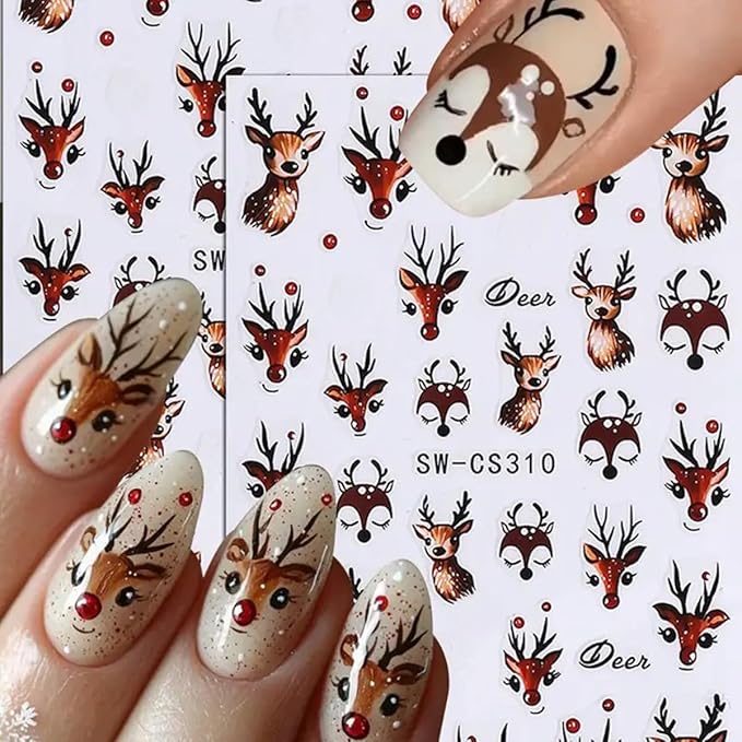 Christmas Nail Art Stickers 3D Self-Adhesive Cute Elk Gift Xmas Nail Decals Nail Art Supplies 6PCS Deer Candy Cane Gingerbread Man Cartoon Christmas Nails Design Manicure Slider Accessories for Women