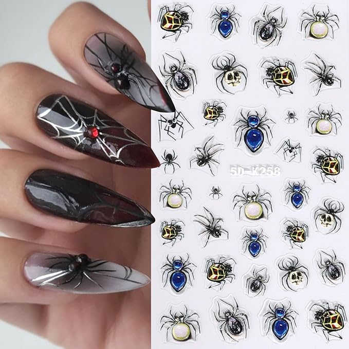 2Sheets Black Spider Nail Art Stickers 5D Embossed Spider Nail Decals with Gems Charms Designs Nail Stickers Self-Adhesive Centipede Spider Web Nail Decal for Women DIY Halloween Nails Decor Accessory