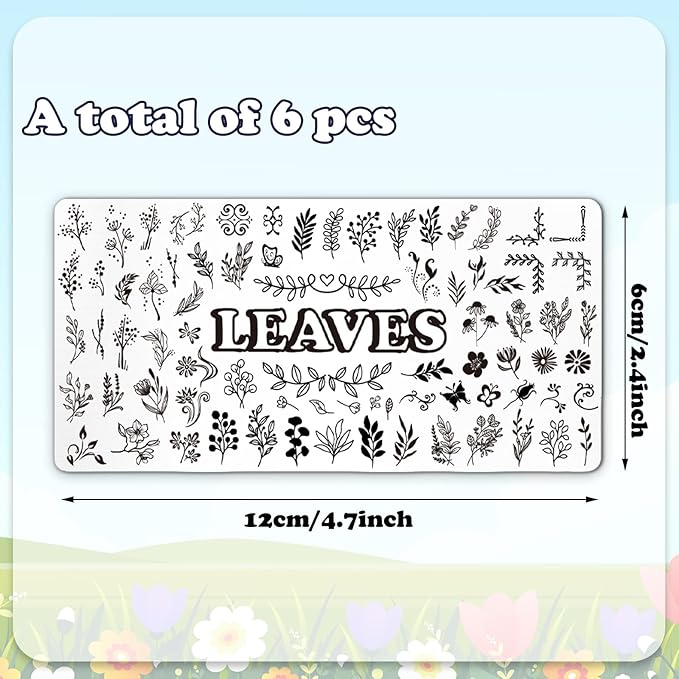 Whaline 6Pcs Spring Floral Leaves Nail Plates Stamping Set Plant Leaves Stamp Templates Nail Art Plates for DIY Print Manicure Salon Design