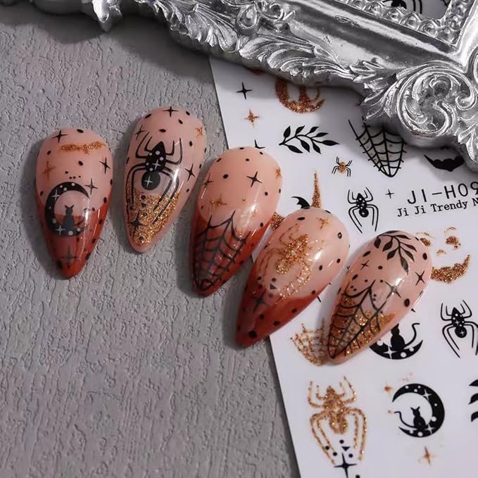 Halloween Nail Stickers Ghost Pumpkin Nail Decals DIY Self Adhesive Spider Web Gold Orange Nail Design 3D Nail Decoration Supplies Holiday Manicure Accessories for Women Girls 4Pcs