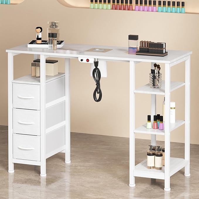 Nail Desk for Nail Tech w/Electric Dust Collector, Manicure Table w/3 Storage Drawers & 3 Open Shelves for Beauty Salon Tech Station