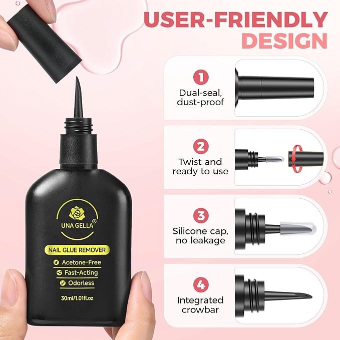 UNA GELLA Inbuilt Crowbar Press On Nail Glue Remover 30ML Acetone-Free Gentle Soak Off Gel Nail Glue Polish Remover for Nail Tip Adhesive Glue Easily Home DIY Not for U V Cured Gel