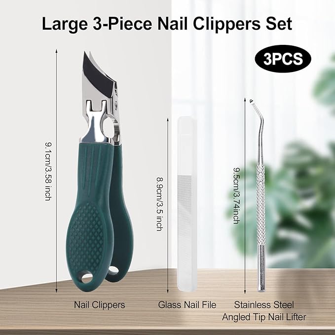 Eagle Beak Nail Clippers for Ingrown & Thick Nails – Beveled/Slanted/Angled Blades, Long Handle Wide Jaw, Anti-Splash Ultra Sharp Stainless Steel Edge 3-Piece Set for Men/Women (Green)