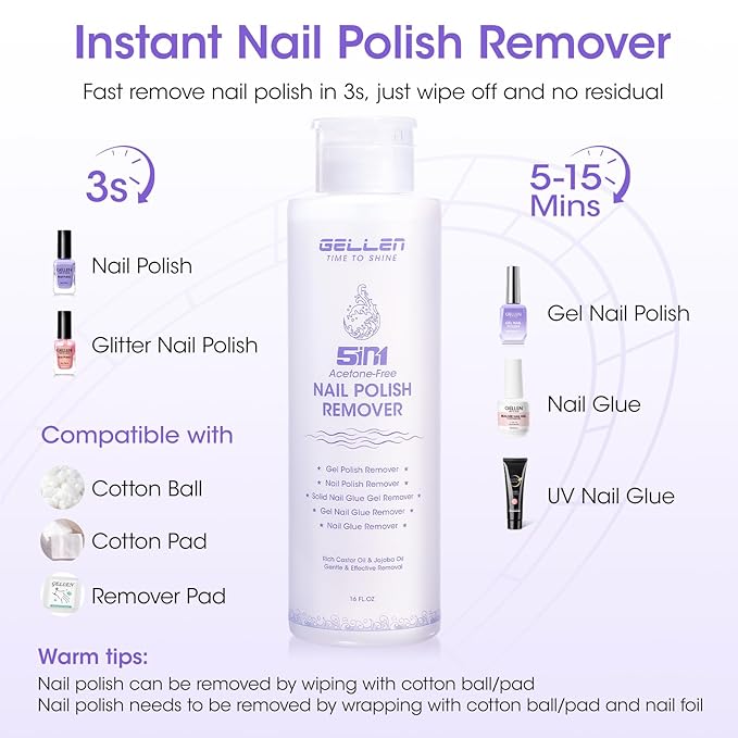 Gellen Non Acetone Nail Polish Remover | Nail Polish Remover Pump Enriched with Jojoba Oil Castor Oil | Soak off Gel Polish Remover for Nails | Frequent Usage at Home Diy Salon, 16 Fl Oz