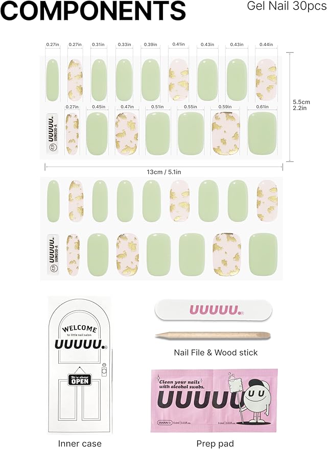 UUUUUU Semi Cured Gel Nail Strips | Salon-Quality | UV Free Gel Nail Wraps for Women | Easy Peel&Stick | Long-Lasting up to 14 Days | 28 Strips Set+File & Wipes | Gift-Ready (Green Gold Latte)