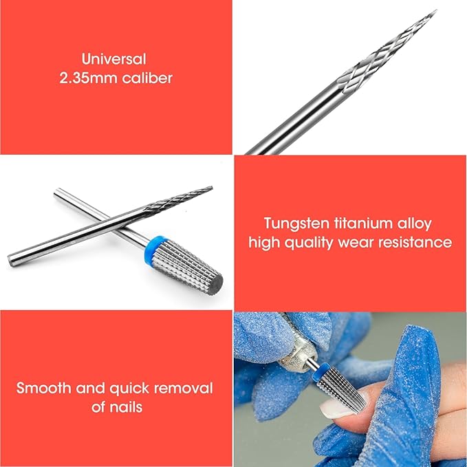 3/32" 5 in 1 Professional Carbide Nail Drill Bits Sets, 2 Pack Tungsten Safety Drill Bits Tech, Cuticle Bit Fast Remove for Manicurist Nail Salon Manicure Pedicure Gel Polishing (2 Shapes)