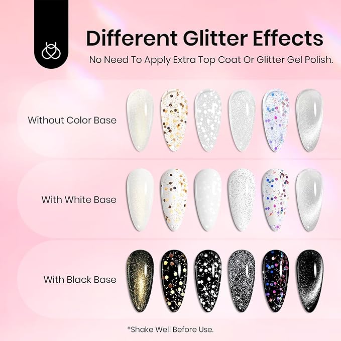 Beetles Glitter Gel Top Coat 8Pcs Holographic Glitter Gel Nail Polish Top Coat Cat Eye No Wipe Glossy Sparkly Finish Long Lasting Soak Off U V LED Salon DIY Gift for Women Girls
