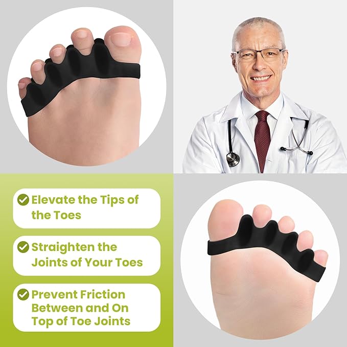 Bukihome Toe Separators, 4 Pair Soft Gel Toe Spacers to Correct Bunions, Claw Toes,Hammer Toes, Foot Pain for Women & Men,Black+S