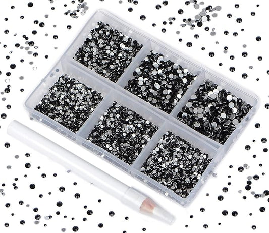 Bymitel 7200 Pieces 6 Mixed Sizes Glue Fix on Glass Rhinestones Round Crystal Gems Flatback for DIY Jewelry Making with one Picking Pen(Mix: SS3-SS10/7200PCS, Black)