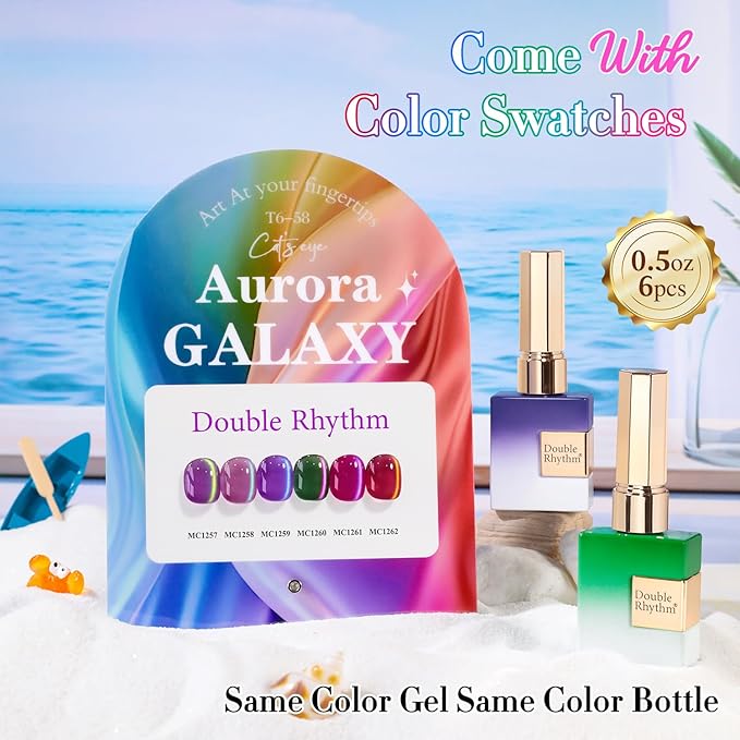 Double Rhythm Cat Eye Gel Nail Polish Set of 6 Same Color Same Bottle 0.5 Oz Shimmer Glitter with Magnet Holographic Reflective Magnetic UV Nail Polish Kit at Home (Aurora Galaxy Burgundy-T6-58)