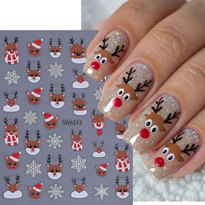 Christmas Nail Art Stickers Decals Deer Snowflake Design 3D Self-Adhesive Xmas Nail Decals Nail Art Supplies Cute Cartoon Glitter Nose Deer Snowflakes Holiday Stickers for Nails Manicure Decorations