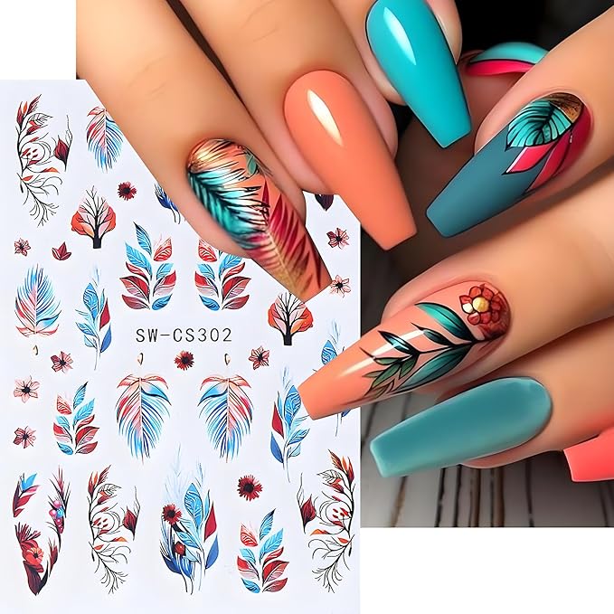 Fall Maple Leaves Nail Art Stickers for Thanksgiving, Fall Nail Art Decals 3D Self-Adhesive Leaf Flower Tree Nail Design 6Pcs Nail Art Supplies for Women Nail Decoration