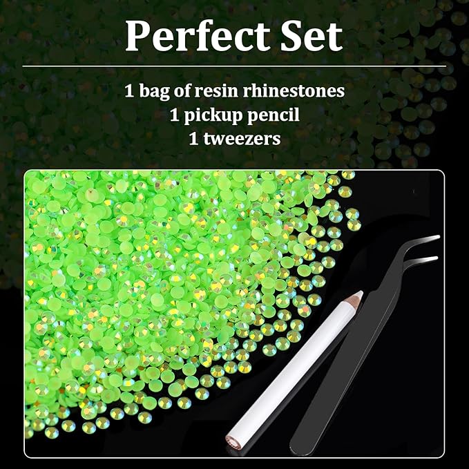 15000pcs 2mm Resin Rhinestones Bulk, Fluorescent Green AB Flatback Round Jelly Rhinestones Non Hotfix Crystal Gems Large Quantity Wholesale for DIY Crafts Clothes Face Makeup Manicure