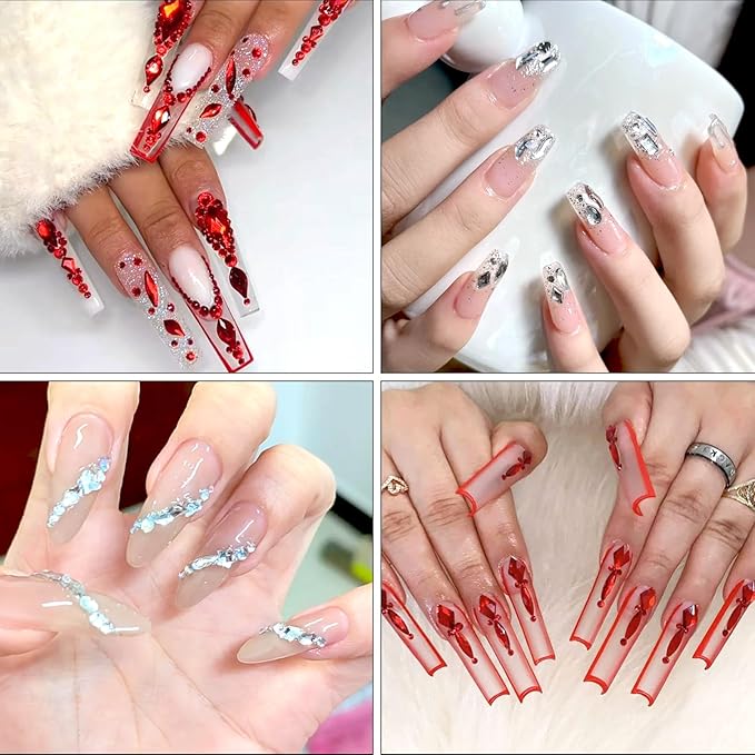 HNUIX Nail Rhinestones for Nails - 3D Multi Shapes, Flat Back, Small Nail Gems, Crystal & Red Nail Diamonds, with Kit, for Nail Art, DIY Decor