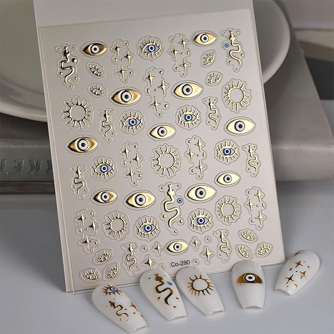 Gold Nail Stickers Evil Eye Nail Art Stickers 5D Embossed Nail Decals Gold Star Snake Design Nails Supplies for Women DIY Nail Art
