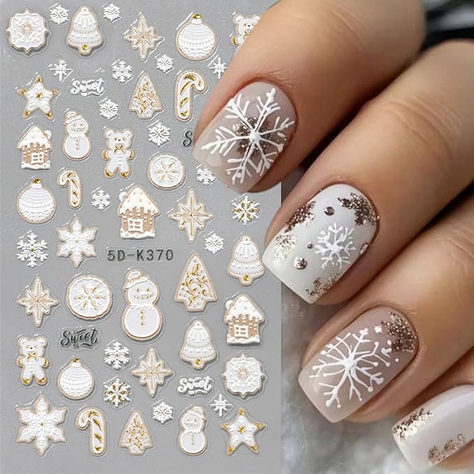 4 Sheets 5D Embossed Christmas Nail Art Stickers Decals Cute Xmas Elk Snowman Snowflakes Nail Stickers Christmas Tree Santa Claus Reindeer Nail Decals for Women DIY Manicure Winter Holiday Nail Decor