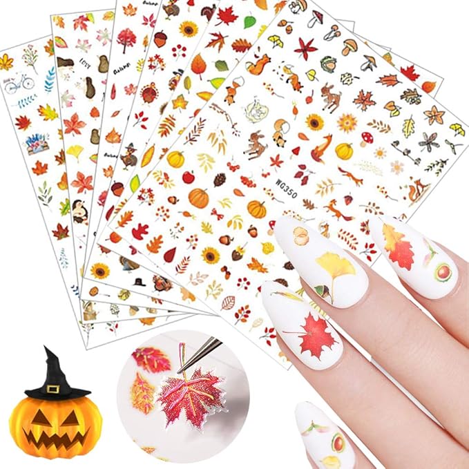 3D Thanksgiving Nail Art Stickers 6 Sheets Autumn Fall Nail Art Accessories Decals Self-Adhesive Maple Leaf Pumpkin Turkey Designs Sticker for Women Nail Arts DIY Nail Decorations Halloween Party
