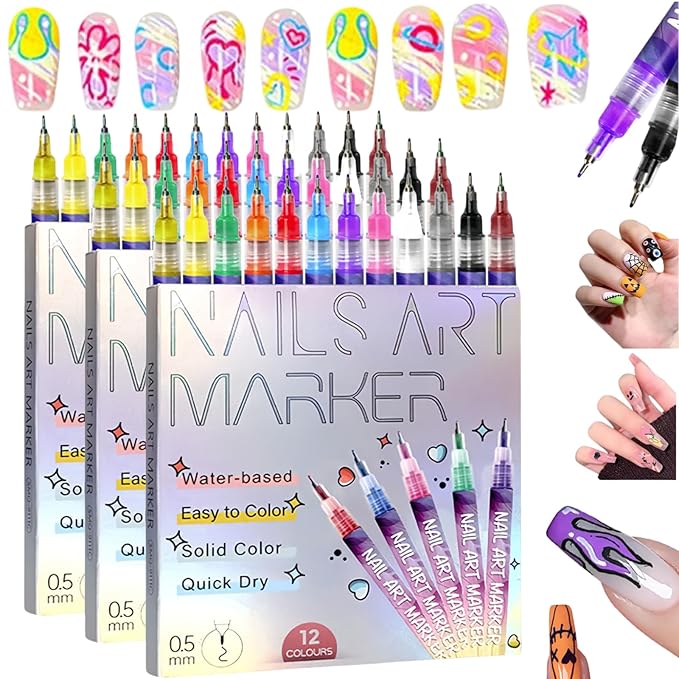 12 Colors Nail Art Pens Set,Upgraded Nail Art Markers for Art Design Acrylic Paint Marker,3D Polish Pencil for Gel Nails,Quick Drying Waterproof DIY Pen for Home & Salon Manicure Tools (36 Pcs)