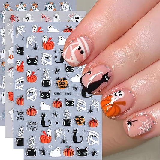 Halloween Nail Art Stickers, Cute Ghost Nail Art Decals 3D Self-Adhesive Skull Pumpkin Black Cat Flower Nail Design 4Pcs Halloween Nail Art Supplies for Women Nail Decoration
