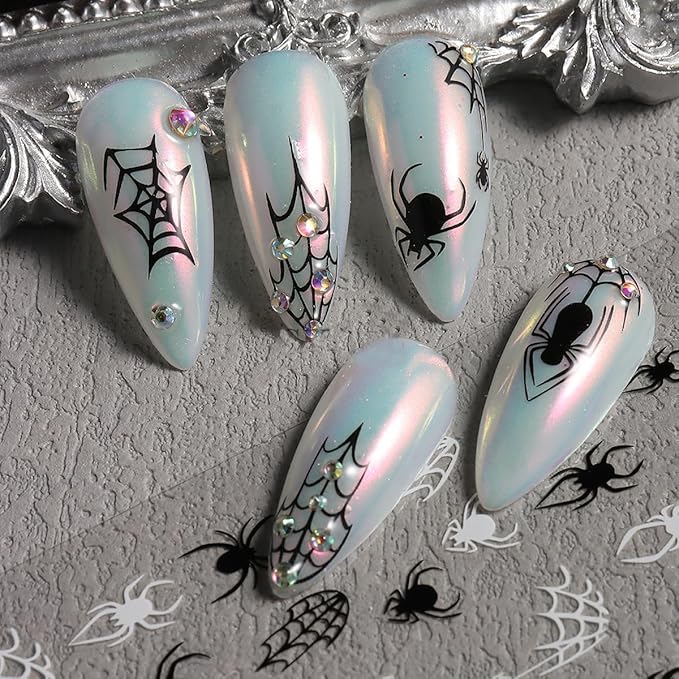 Spider Web Halloween Nail Stickers,Halloween 3D Nail Spider for Nail Art Self-Adhesive Glue Finger Nail Decals Spider Web Black Red White Design Holographic Spiders Manicure Art Supplies Decoration 6