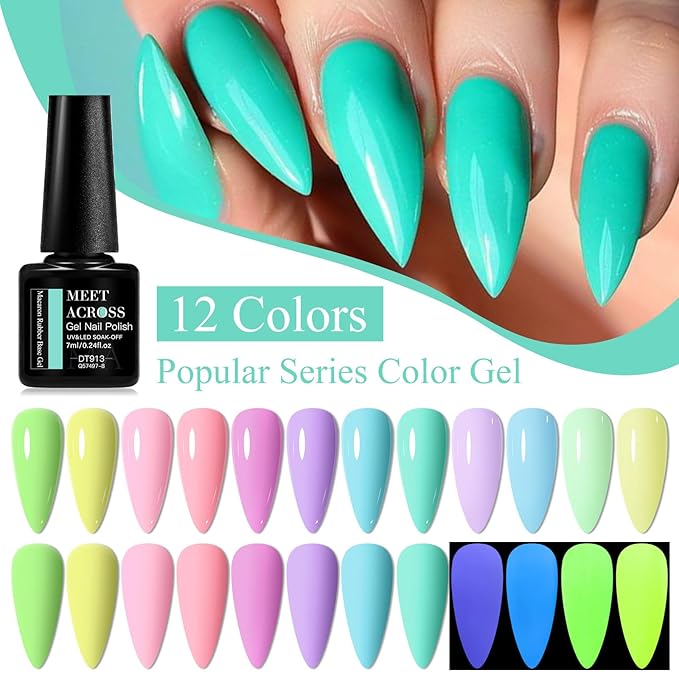 MEET ACROSS 12PCS Gel Nail Polish Set, 12 Colors Gel Nail Kit Art Design Soak Off UV LED,Nail Art Design Gifts for Women (SET-12, 12PCS)