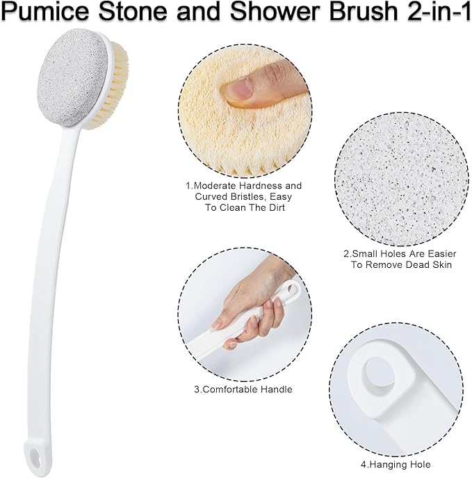 Pumice Stone and Shower Brush with Long Handle, 2 Pack Hard Skin Callus Remover, 2 in 1 Foot Scrubber, Back Scrubber for Shower Deep Cleansing and Exfoliating, Dry Brushing Body Brush (Curved)