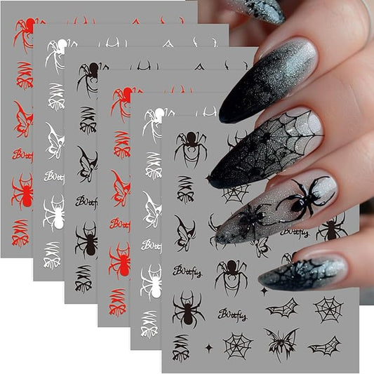 6 Sheets Spider Nail Stickers 3D Cute Black White Red Spider Nail Art Decals Self-Adhesive Halloween Spiders and Spider Web Nails Design Supplies Holiday Stickers for Women DIY Acrylic Manicure Tips