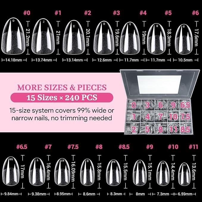 Short Almond Nail Tips - 15 Sizes 240 PCS Half Matte Full Cover Clear Fake Nails Pre-shaped Press On False Nail Tips Acrylic Soft Nail Gel Tips No C Curve Extension Manicure Home DIY Gelly Tips