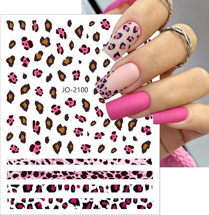 6 Sheets French Leopard Nail Stickers 3D Self-Adhesive Pink Brown Leopard Nail Designs Colorful Animals Suitable for Women Girls DIY