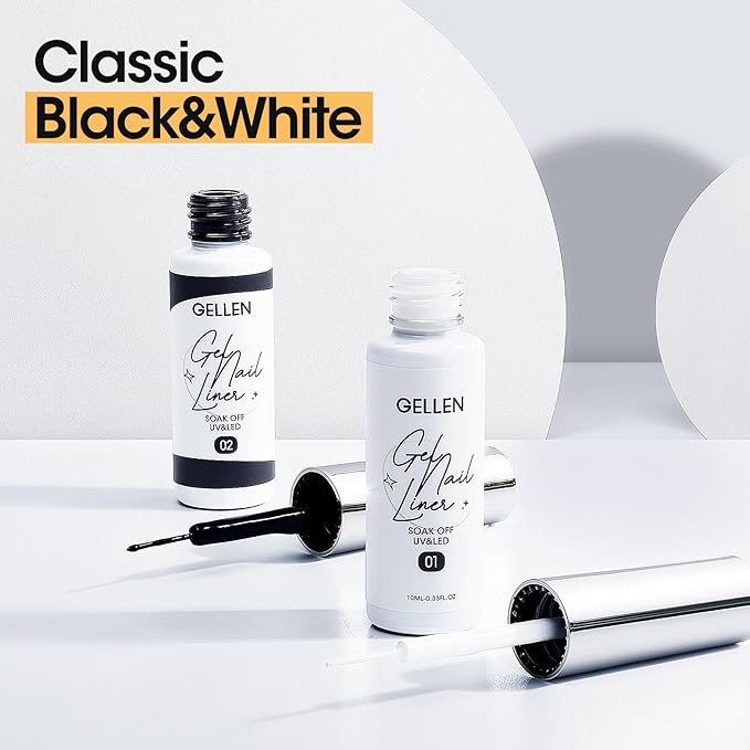 GELLEN 2 Pcs 10ml Black White Liner Gel Nail Polish, Classic Soak off Nail Lamp Nail Art Paint Gel with Thin Nail Art Brush for Euphoria Nail French Manicure