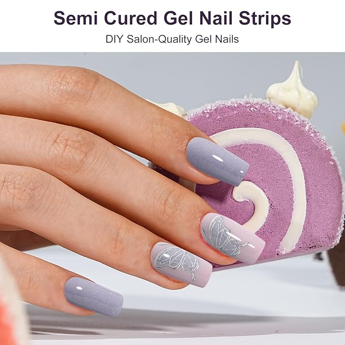 Semi Cured Gel Nail Strips(Butterfly),28 Gel Nail Stickers Wraps Strips Needed UV Lamp, Long Lasting,Easy to Apply