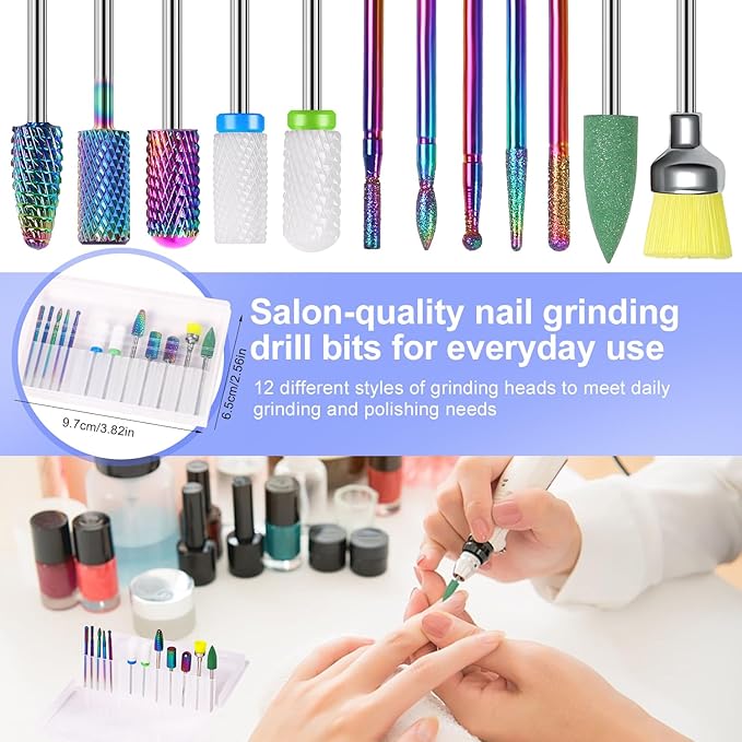 12Pcs Nail Drill Bits 3/32" Electric Manicure Nail File Bits Set for Acrylic Gel Nail Manicure Pedicure Remover Tools for Home Salon