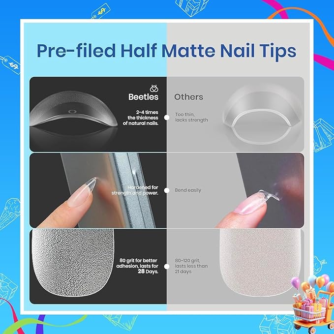 Beetles Gel Nail Extension Kit Almond Shape, Easy 9 in 1 Glue Uv Led Set Etch X Nail Tips Short Almond Half Matte Tips, Gift for Women & Girls, 504 pcs