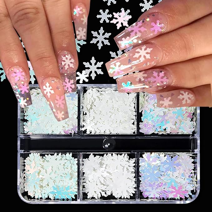 White Snowflake Nail Art Glitter Sequins, 3D Winter Christmas Sparkly Nail Flakes Designs, Shiny Confetti Acrylic Supplies for Women Manicure Charms Holiday Decorations