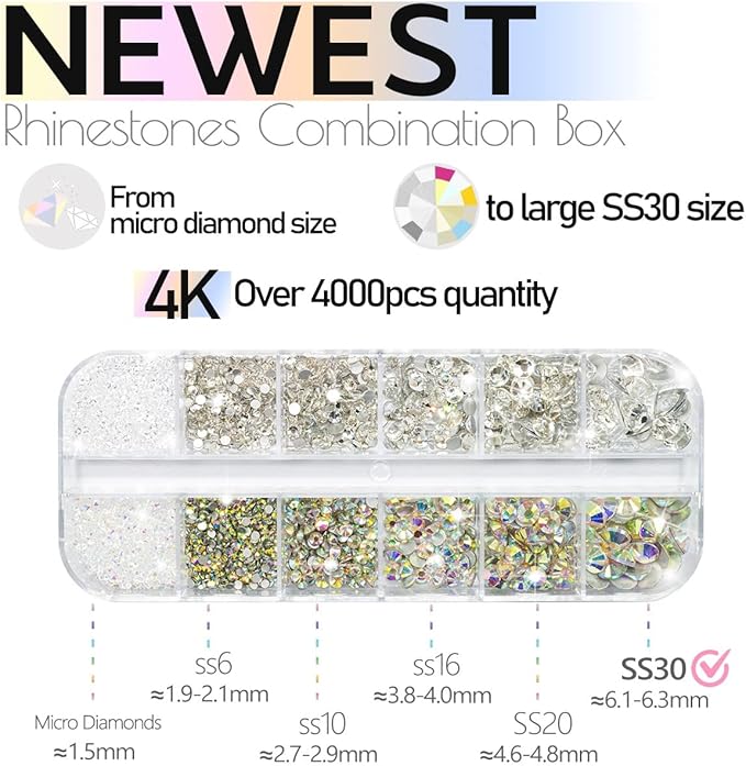 4010pcs AB Crystal Clear Rhinestones, Crystal AB White Flatback Rhinestones for Face Charms, Nail Art Supplies 6 Sizes (1.6-6mm) to SS30 K9 Glass Nail Gems Stones Jewels for Eyes Face Makeup
