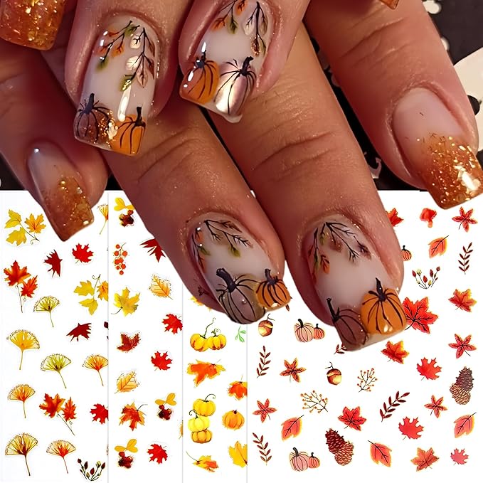 8 Sheets Autumn Maple Leaves Nail Stickers Glitter Pumpkin Nail Decals 3D Self-Adhesive Maple Leaf Nail Art Supplies Fall Ginkgo Leaf Stickers for Nails Thanksgiving Day Women DIY Manicure Decoration